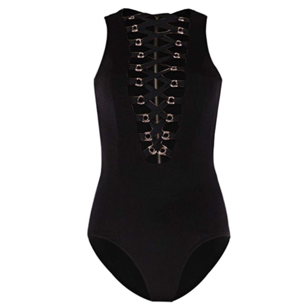 Black Lace Up Bodysuit with Gold Loops
